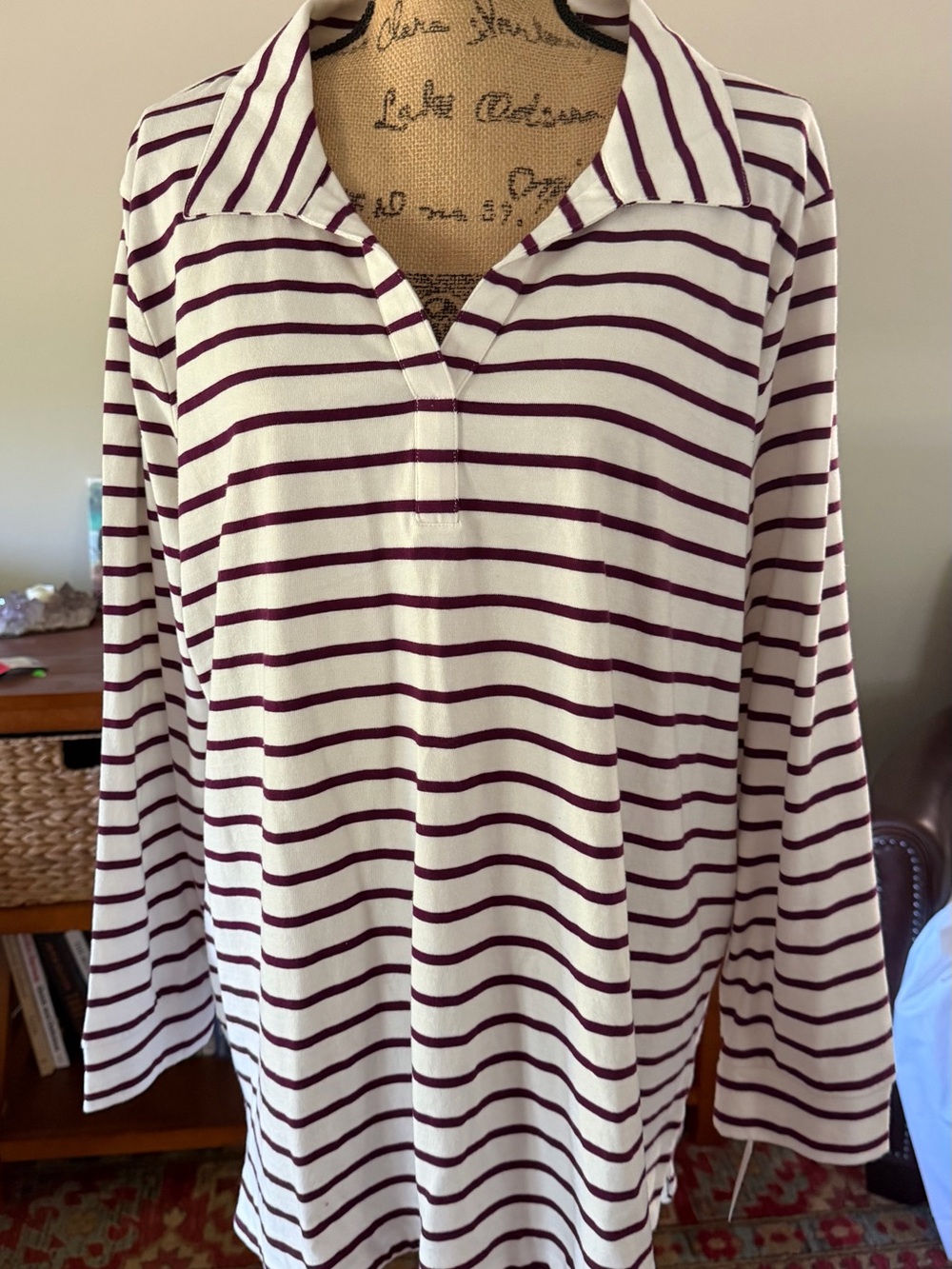 Talbots White and Burgundy Striped Long-Sleeve Polo Top